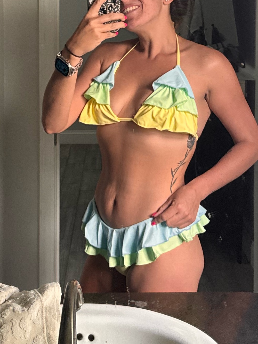 Ruffled Triangle Bikini Set in Yellow & Light Blue